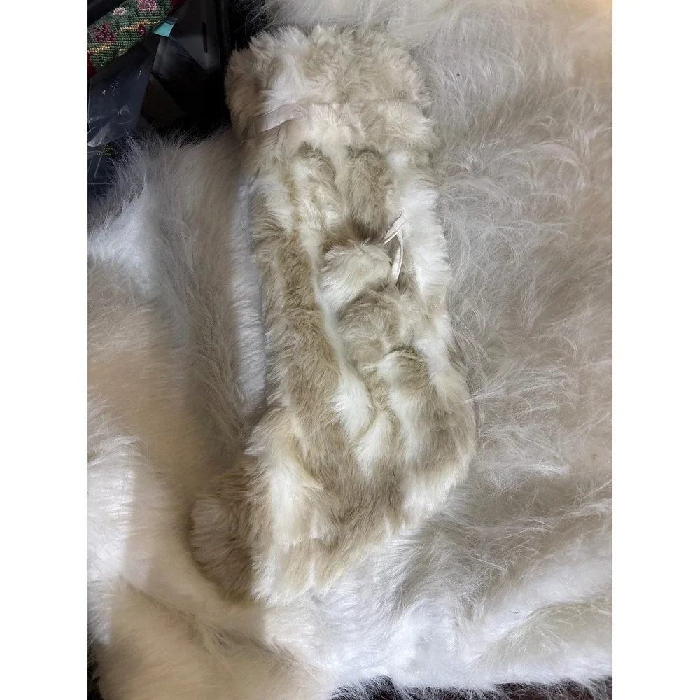 World Market Faux Fur Christmas Stocking Pom Pom Tan‎ White Holiday Decor